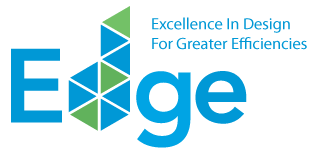 Logotipo de la empresa Edge con texto 'Excellence in Design for Greater Efficiencies'.