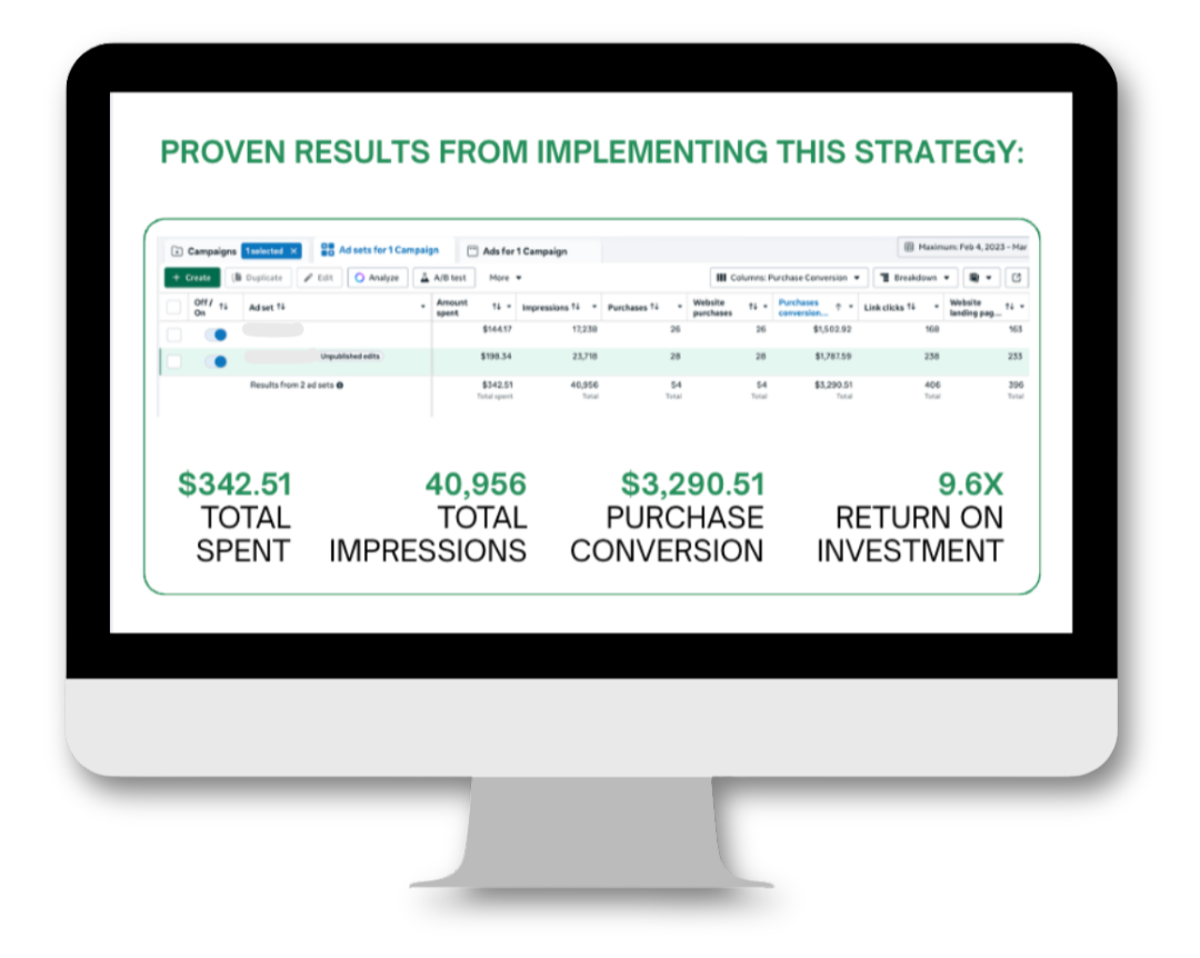 Computer screen displaying a marketing report with header 'Proven Results From Implementing This Strategy.' The report shows total spent of $342.51, total impressions of 40,956, purchase conversion value of $3,290.51, and a return on investment of 9.6 times.