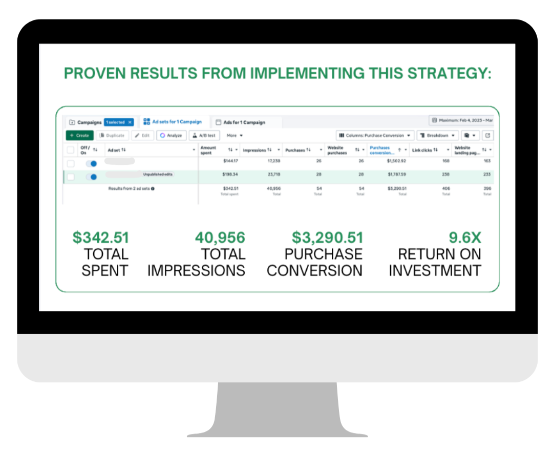 Computer screen showing marketing or advertising campaign analytics with metrics including total spent, total impressions, purchase conversion amount, and return on investment.