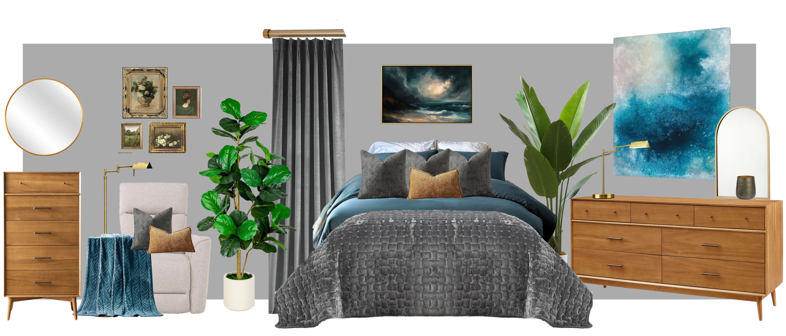 Canva mood board that shows everything grouped together: artwork, curtains, bedding, furniture, and decor