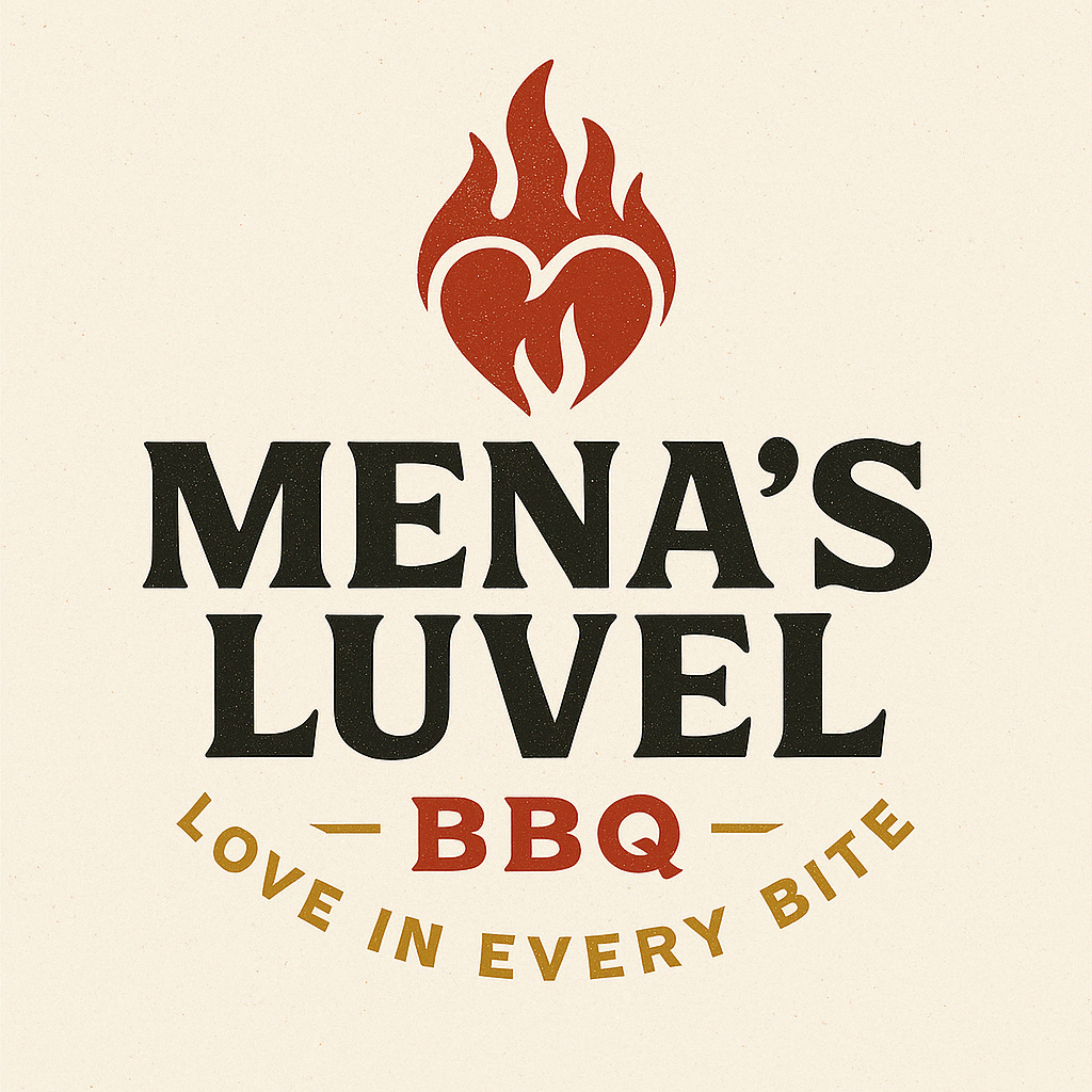 Logo for Mena's Luvel BBQ featuring a flame with a heart shape inside, and the slogan "Love in Every Bite."