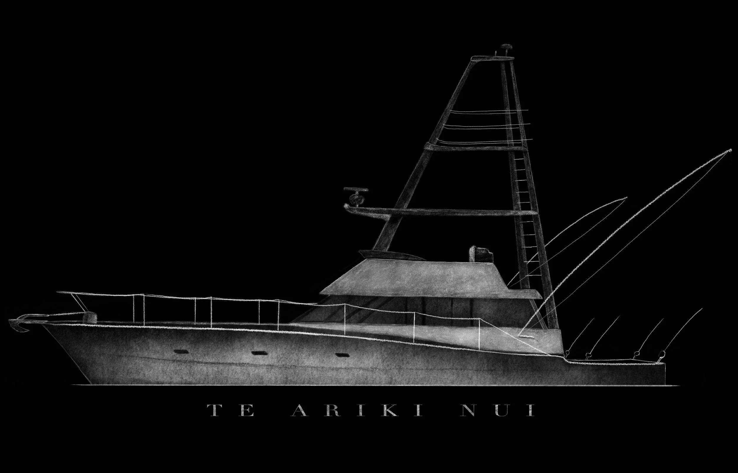 Line drawing of a yacht with a tall mast, set against a black background with the text 'TE ARIKI NUI' beneath it.