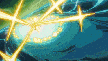Una escena vibrante con rayos de luz dorados y azulados que parecen cruzar un espacio dinámico, con destellos y gotas de energía.