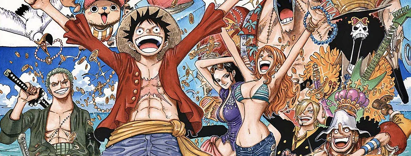 Ilustración de personajes de Anime en un estilo artístico colorido y dinámico, con expresiones alegres y poses enérgicas.