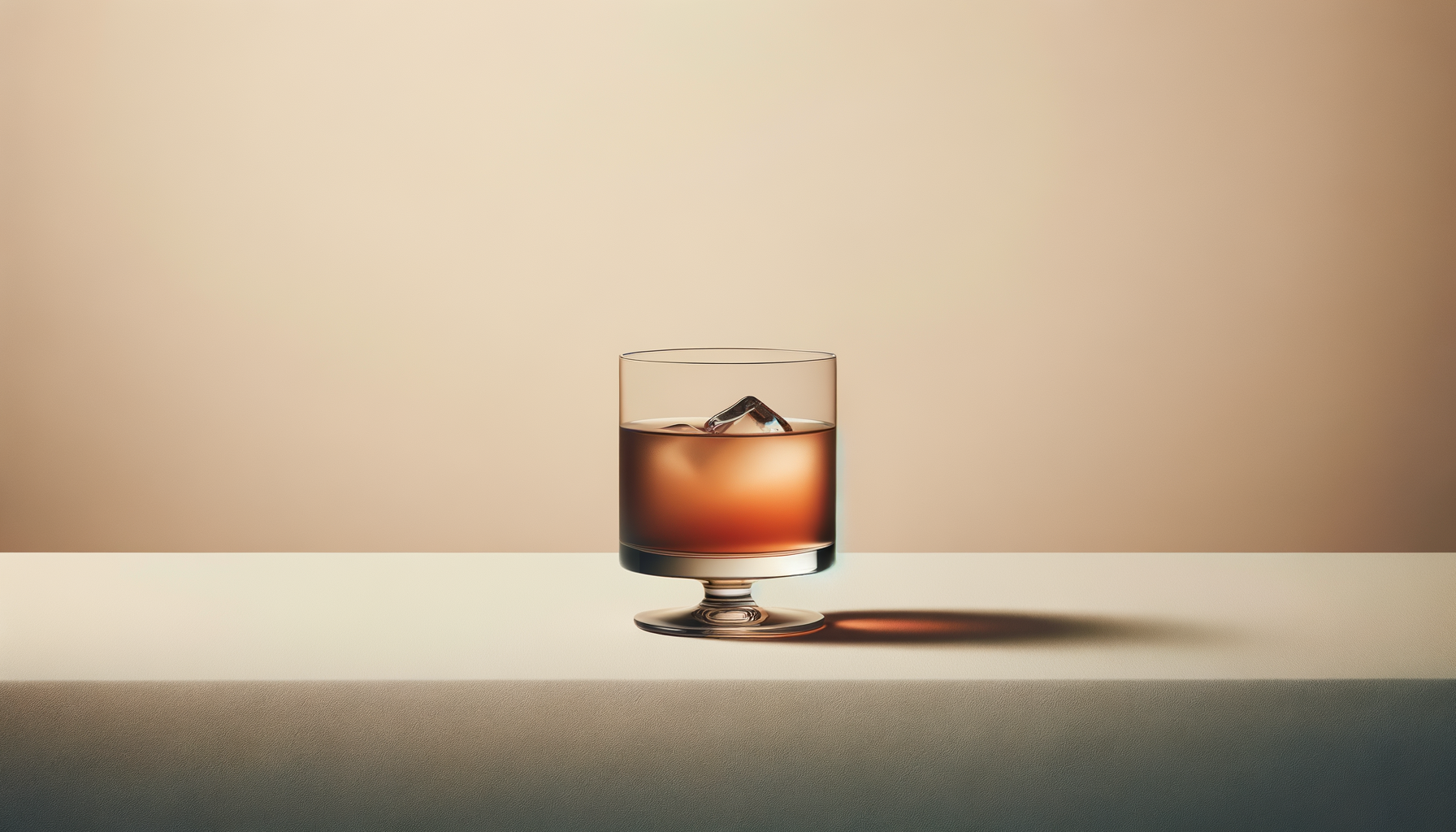 A glass of liquor with ice cubes on a neutral background and surface.
