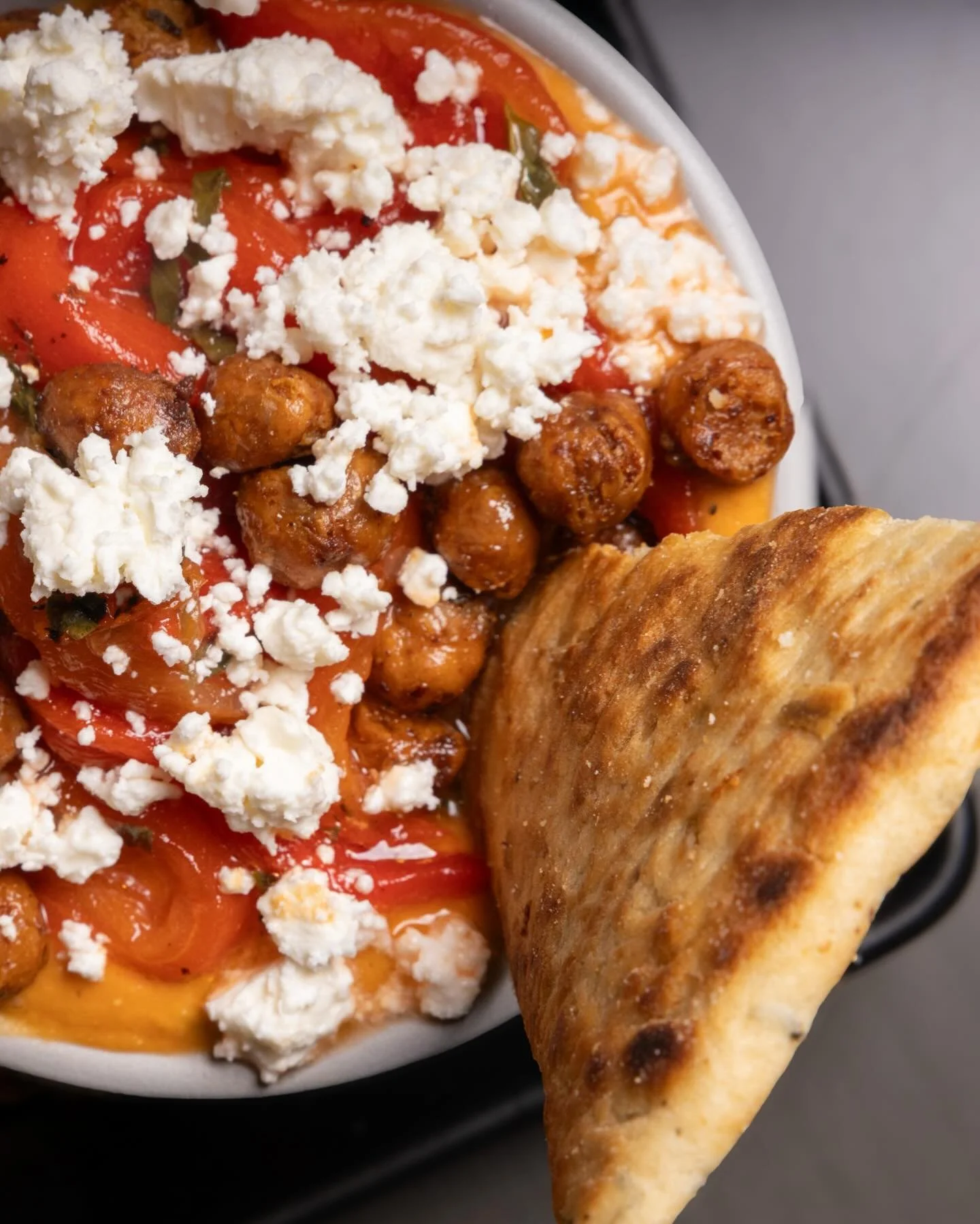 Roasted Red Pepper Dip ~ white beans, fried chickpeas, feta &amp; pita 🎯 

#kansascity #kceats #kcfoodie