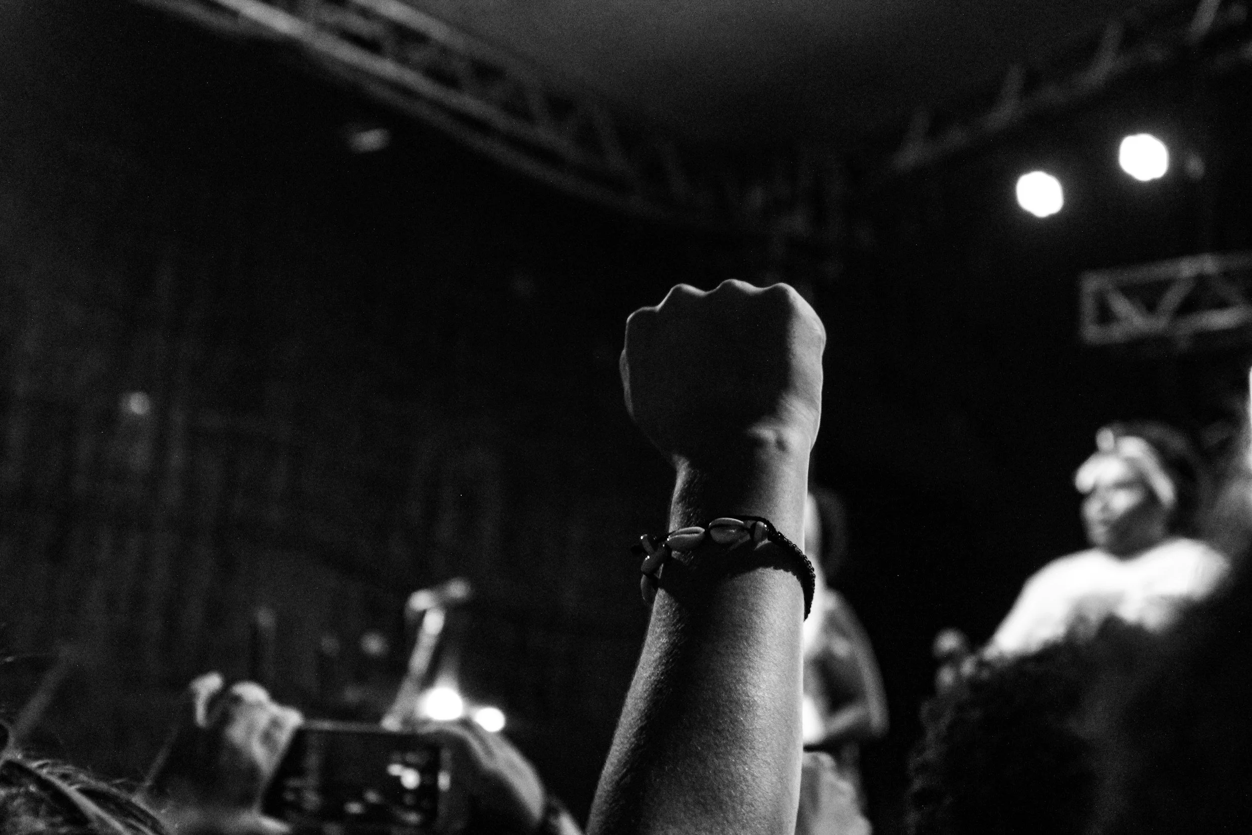 A black and white photo of a concert or event with a raised fist in the foreground, surrounded by audience members and stage lighting in the background.