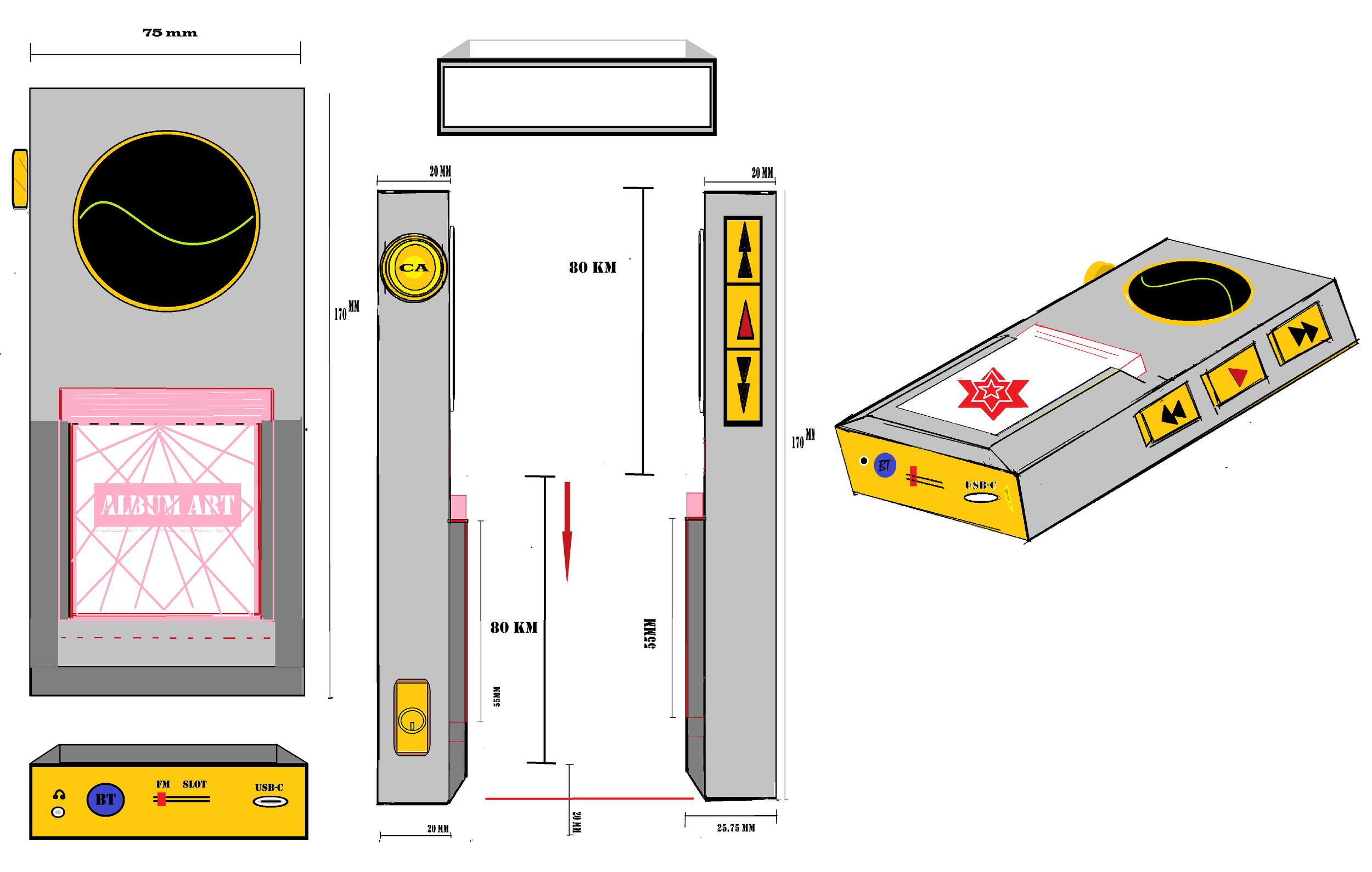 Technical drawing of an electronic device with dimensions, buttons, and labels, including a circular component, a screen, and connection ports.