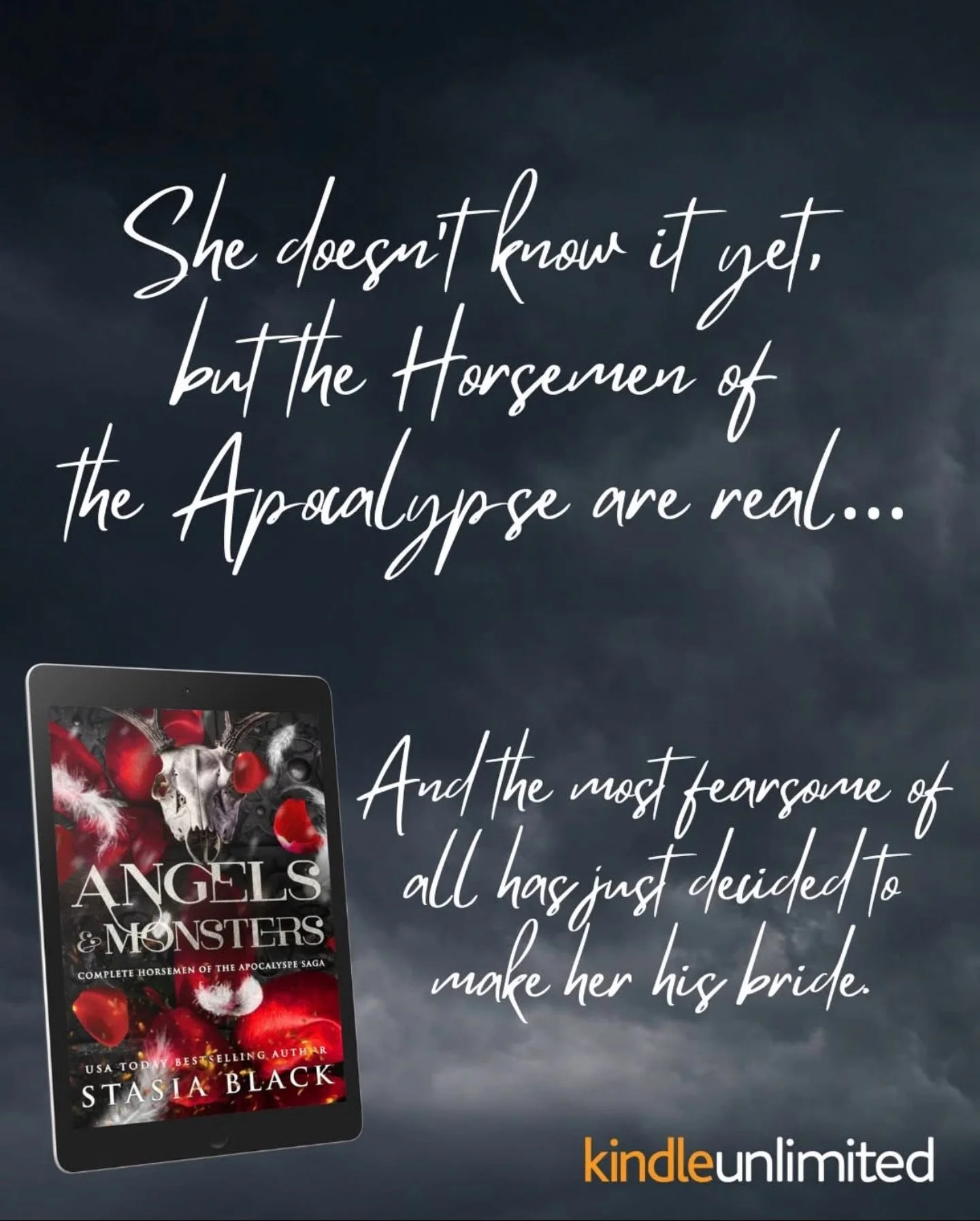 She doesn&rsquo;t know it yet, but the Horsemen of the Apocalypse are real&hellip;
And the most fearsome of all has just decided to make her his bride.

ABADDON:
I am the first Horseman of the Apocalypse.
Once, my brothers and I brought the world to 