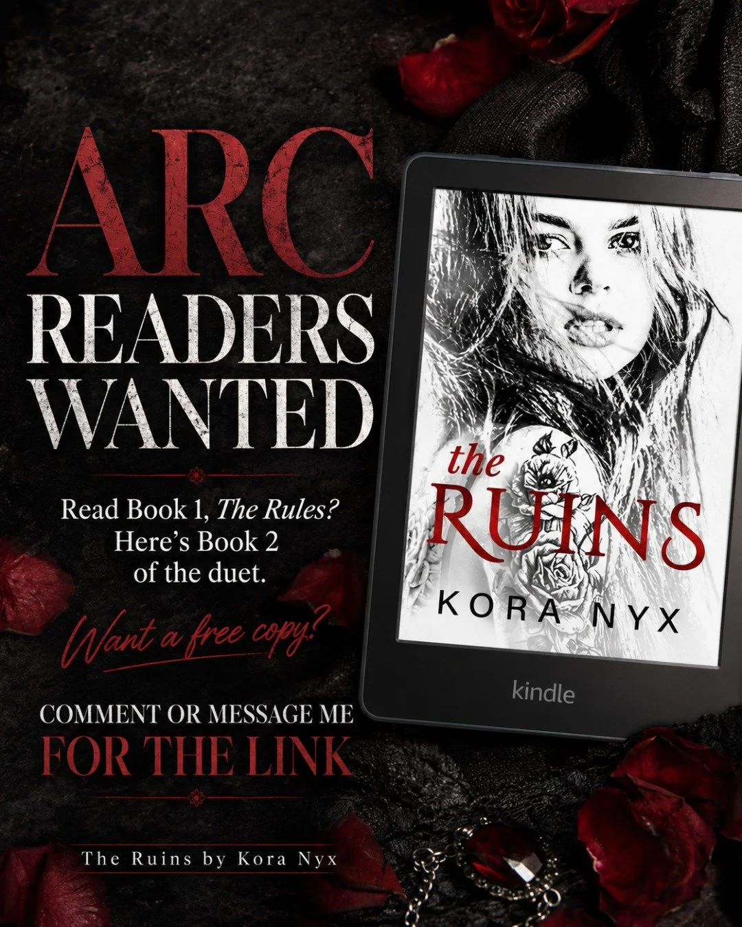 Posting this again in case anyone missed it! 🖤

I&rsquo;m still looking for ARC readers for my Kora Nyx pen name 👀 The Ruins is Book 2 of the duet and the explosive conclusion to Harper and Caleb&rsquo;s story.

If you&rsquo;ve already read The Rul