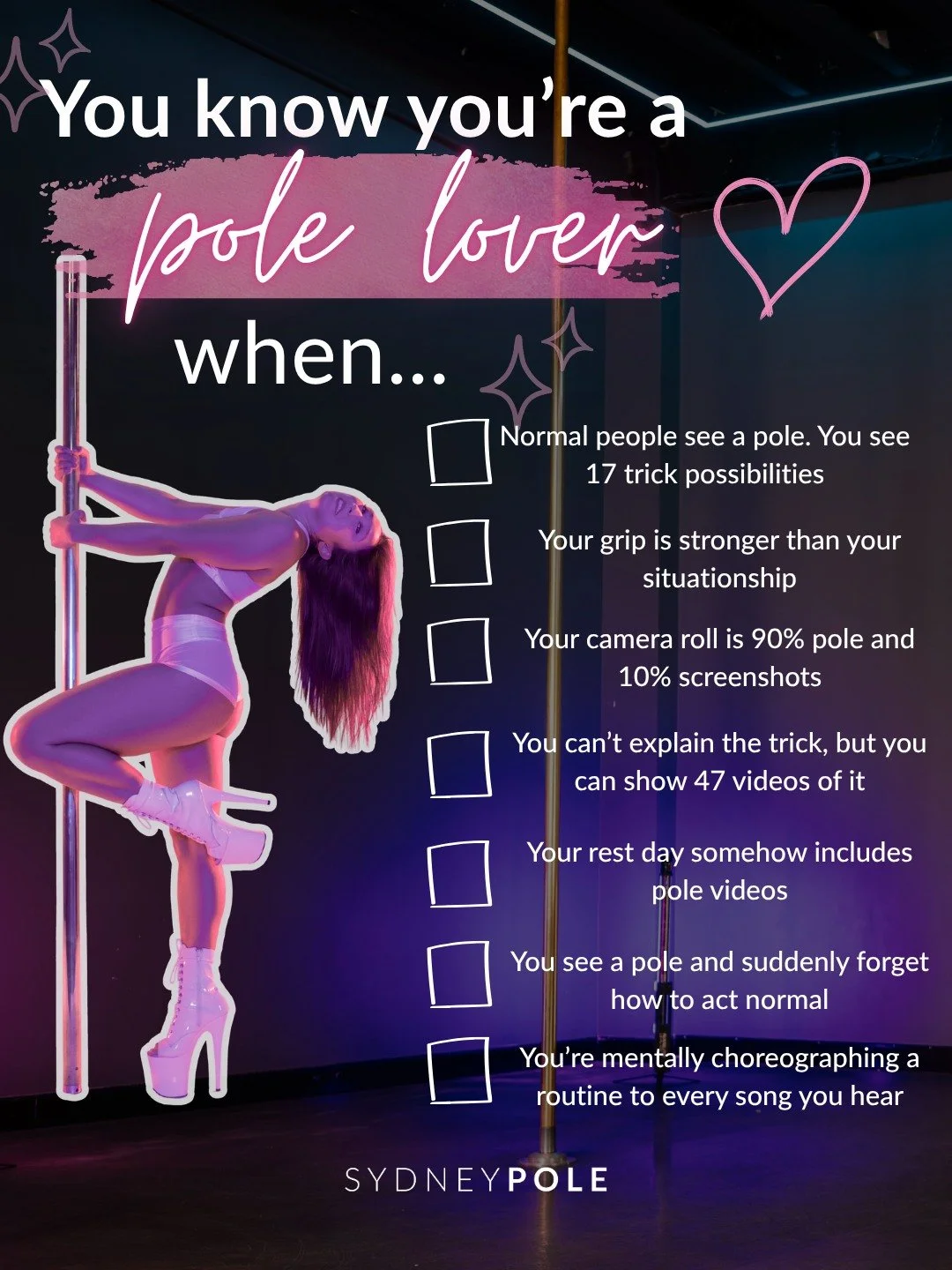 How many of these are SO you? 👀 We know it&rsquo;s more than a few 💅💗
💗 Drop your score in the comments!
Tag your pole bestie and see who&rsquo;s the bigger pole lover 😂👇

#SydneyPole #PoleDance #PoleCommunity #PoleLove #PoleLife