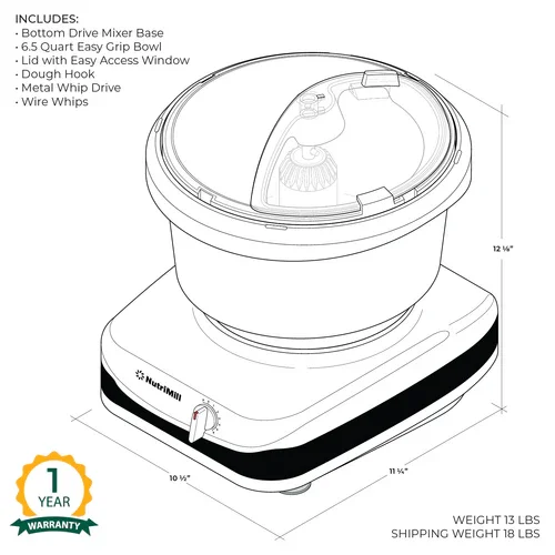 Diagram of a NutriChef ice cream maker showing its components including the base, easy grip bowl, lid, dough hook, metal whip drive, and wire whips, with dimensions and warranty information.