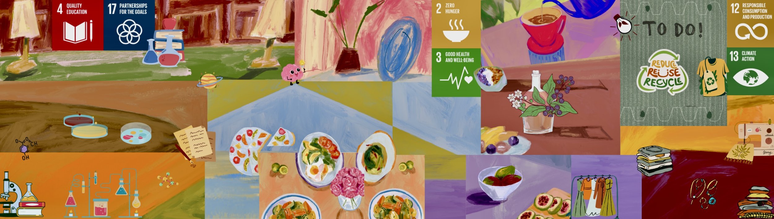 Colorful illustration featuring various healthy and environmentally conscious themes, including food, recycling symbols, scientific laboratory equipment, and icons representing sustainable development goals.