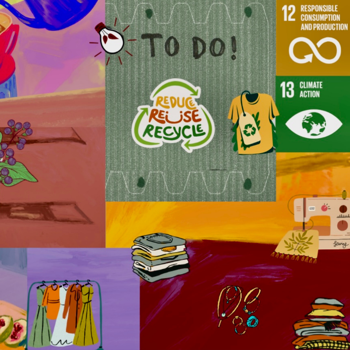Illustration promoting environmental sustainability with a central message to reduce, reuse, and recycle. Includes images of reusable clothing, a pile of laundry, jewelry, and folded clothes, along with recycling symbols and eco-friendly icons.