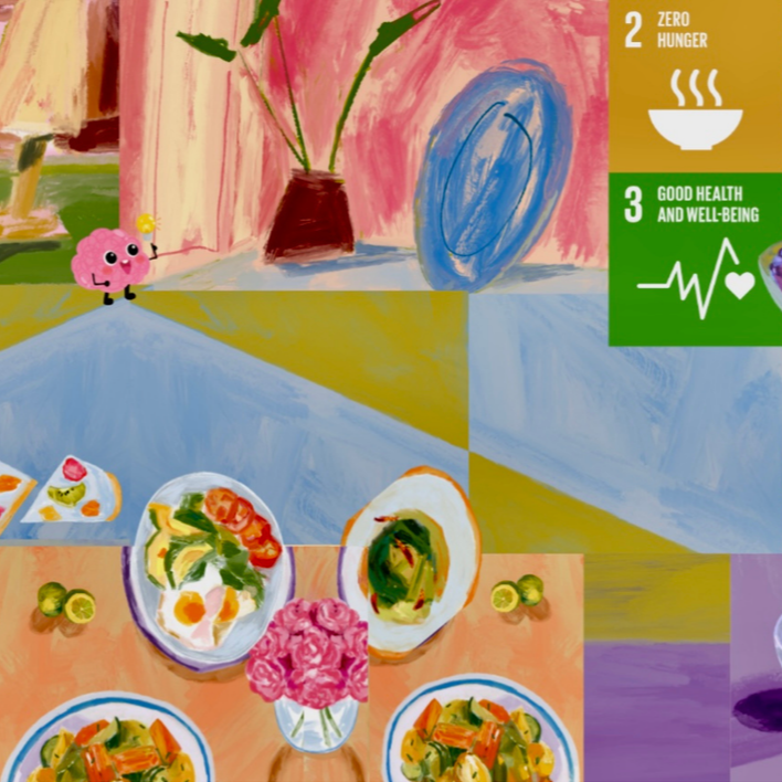 Colorful abstract painting of a dining table with plates of food, a vase with pink flowers, a pink cloud cartoon character holding a flower, and part of an infographic on health goals.