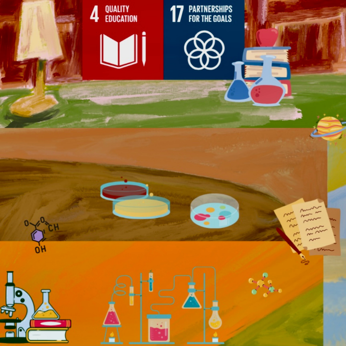 Artwork illustrating STEM education, sustainability, and global goals. Features school supplies, science experiments, laboratory equipment, and scientific diagrams, with icons representing quality education and partnerships for the goals.