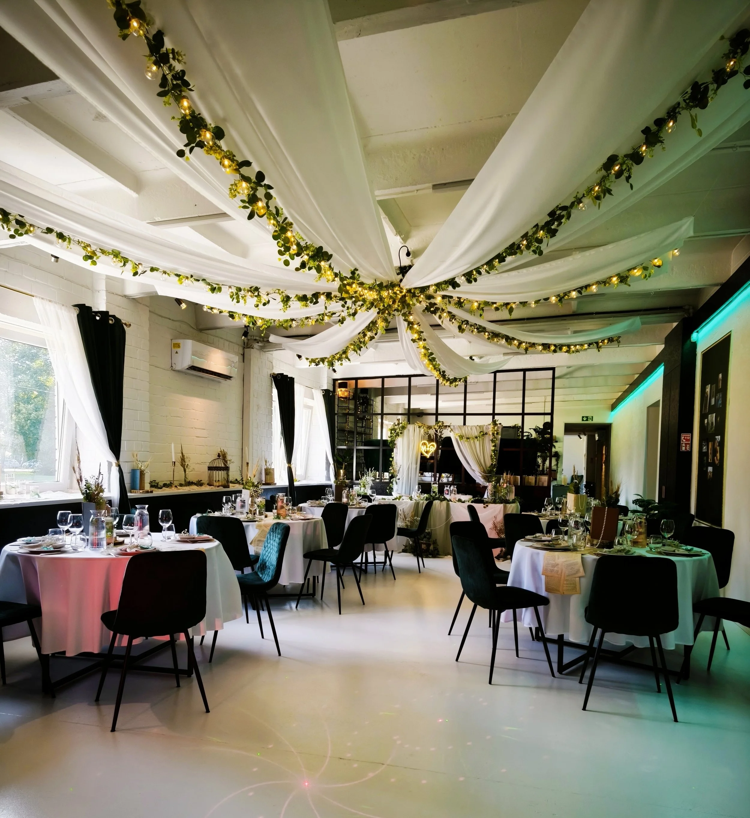 An event space decorated with white drapes and greenery with string lights hanging from the ceiling, set up for a celebration with round tables covered in white tablecloths and set with glassware, plates, and cutlery, and surrounded by black chairs.