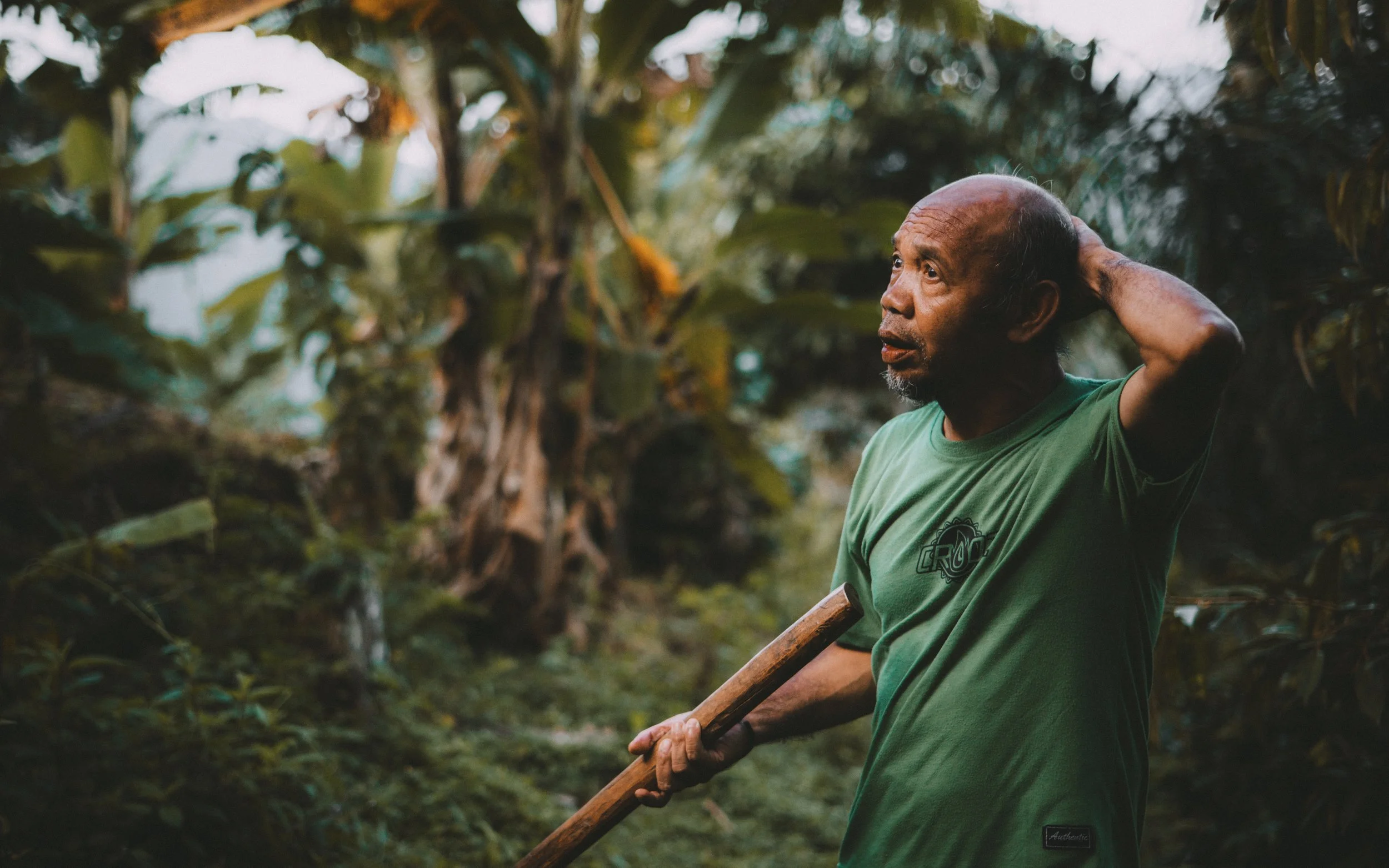 An elderly man in a green t-shirt standing outdoors in a lush, green forest or garden with one hand behind his head and the other holding a wooden stick.