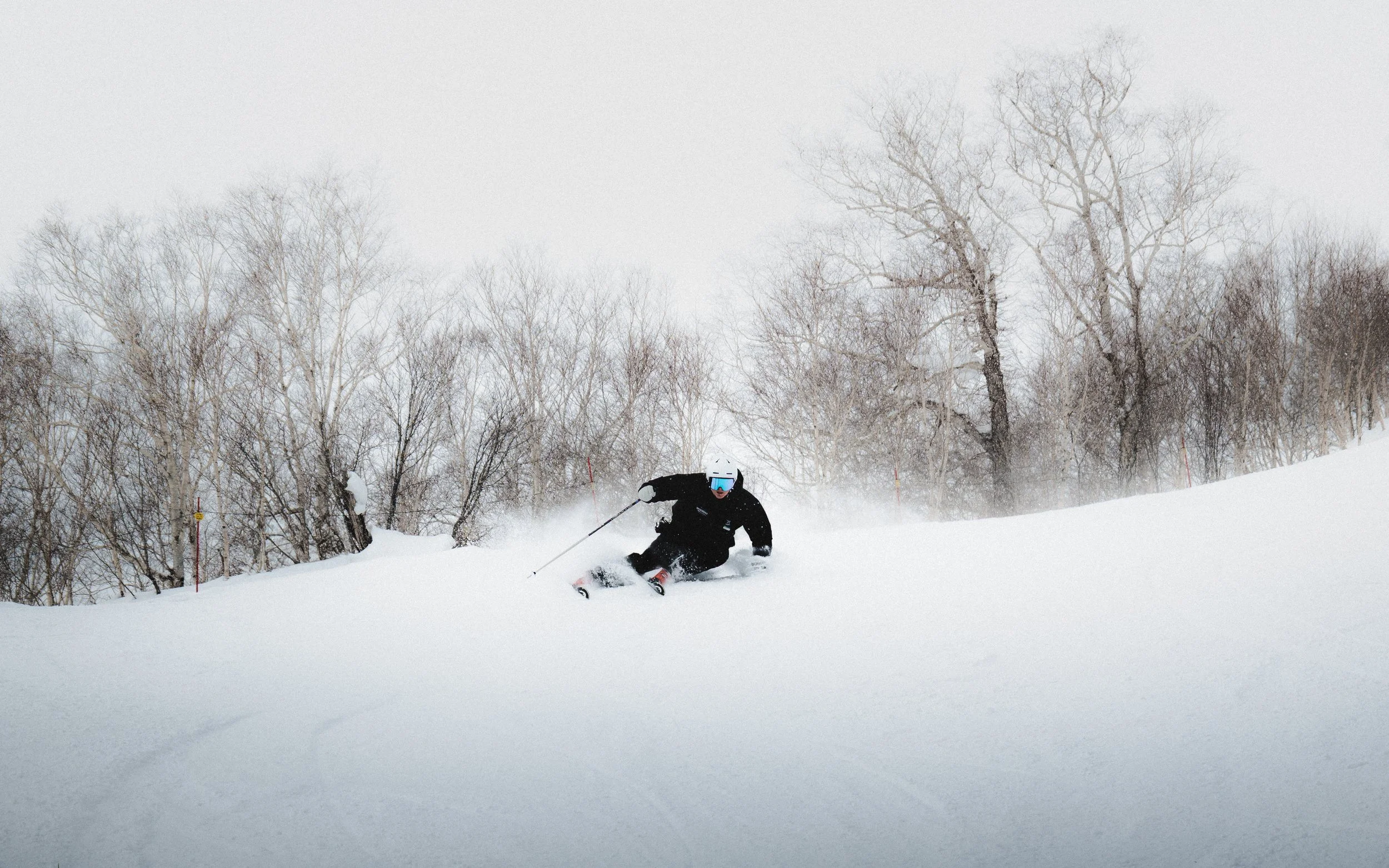 A skier in black gear and a white helmet skiing downhill through snowy terrain with leafless trees in the background.