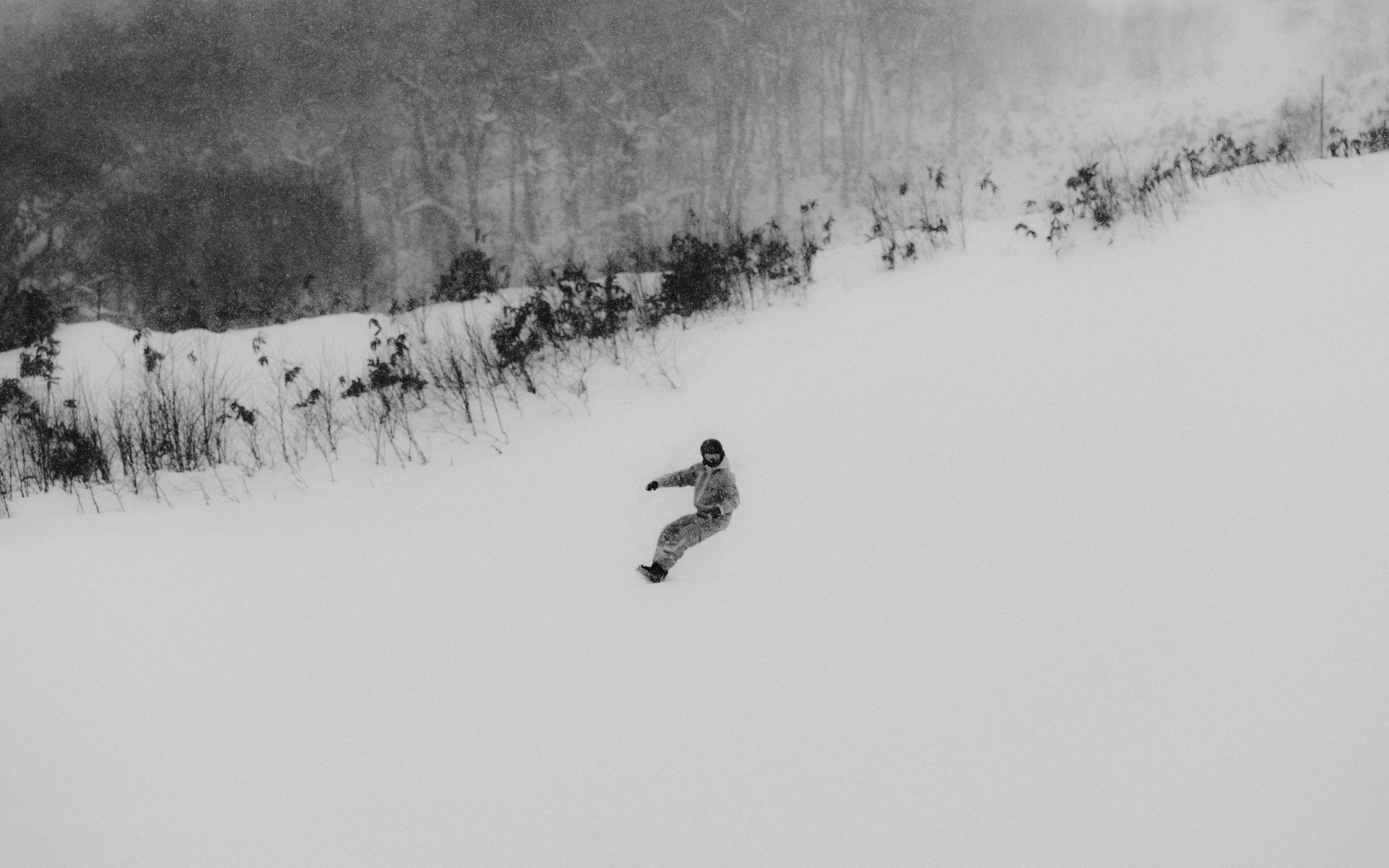 A person snowboarding down a snow-covered slope amidst a snowy landscape and trees.