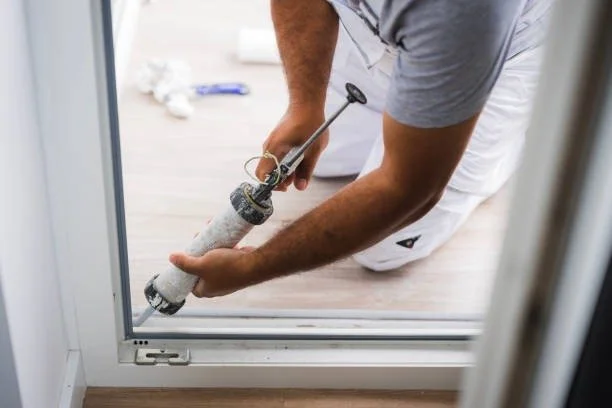 Person installing a sliding glass door, holding a caulking gun.