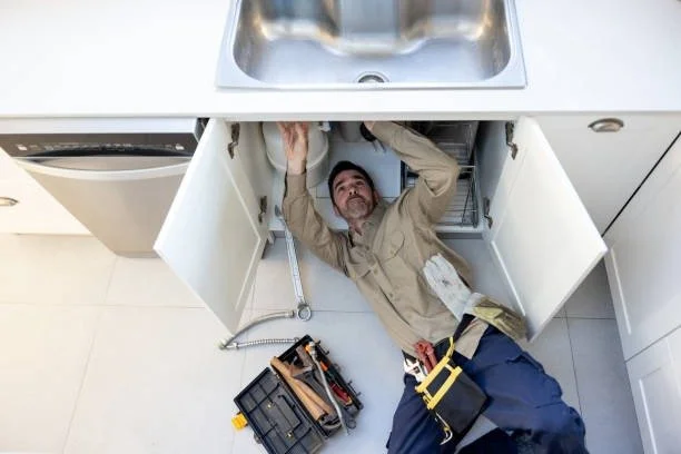 Plumber lying under kitchen sink with tools nearby