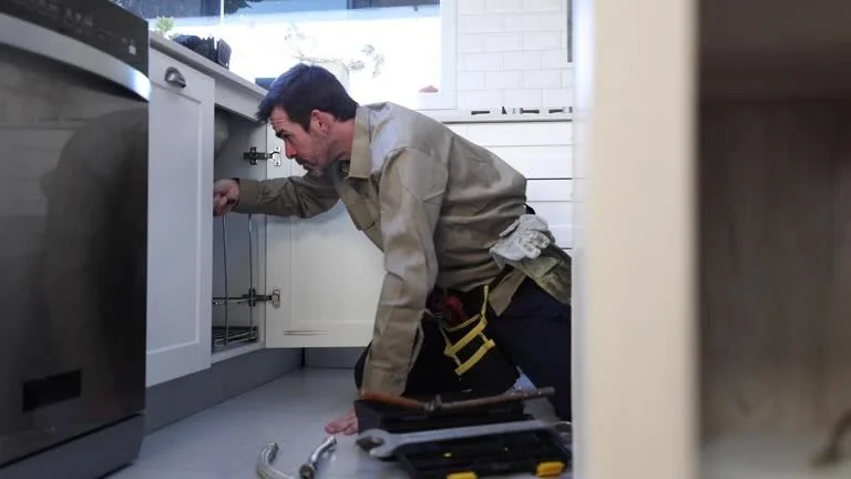 Man working underneath kitchen sink, kneeling and using tools for plumbing repair