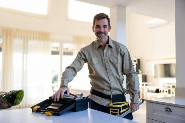 A smiling man with gray hair and beard wearing a beige button-up shirt, working with tools at a white kitchen countertop.