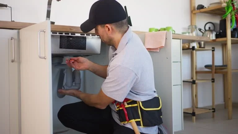 A plumber fixing a pipe underneath a kitchen sink with tools, wearing a tool belt.