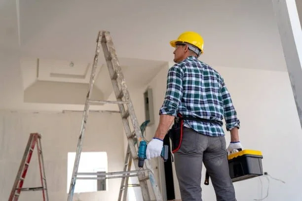 A construction worker wearing a yellow safety helmet, plaid shirt, and gloves standing in an unfinished room next to a ladder, holding a toolbox.