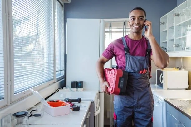 A man in work overalls holding a red tool case while talking on a phone in a kitchen.