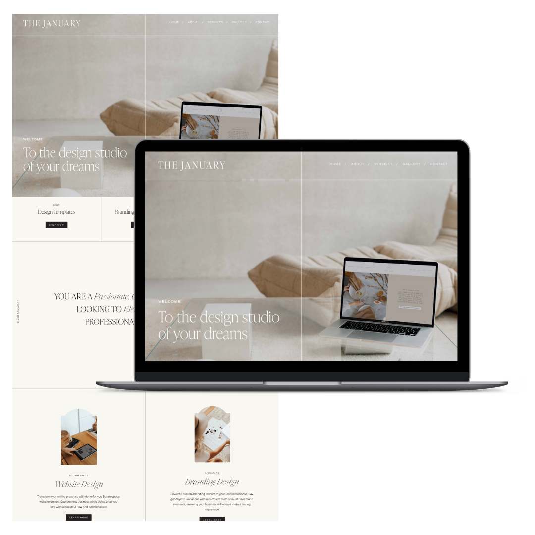 A laptop and tablet displaying a minimalistic website for a design studio called "The January" with a neutral color palette and an elegant, modern layout.