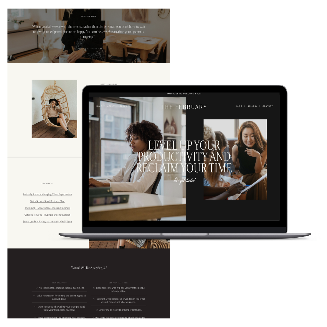 Screenshot of a website homepage featuring a laptop screen displaying a marketing message to increase productivity. The page shows images of women working and chatting in a stylish, modern office setting, with a side panel of playful pictures including a woman sitting in a hanging chair.