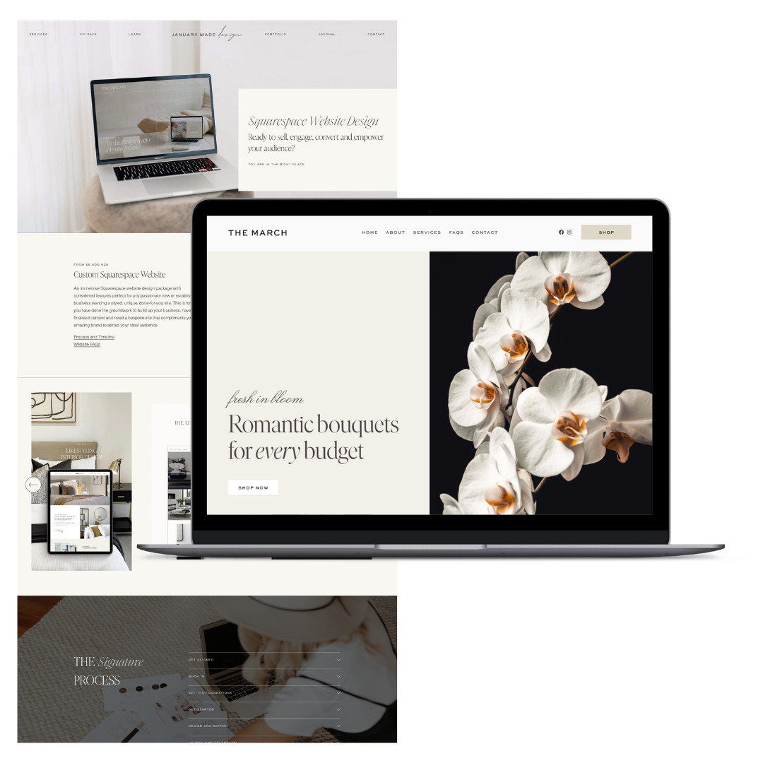 A website showcasing floral arrangements and interior design projects, featuring images of orchids, a laptop displaying a website, and furniture, with a minimalistic and elegant aesthetic.