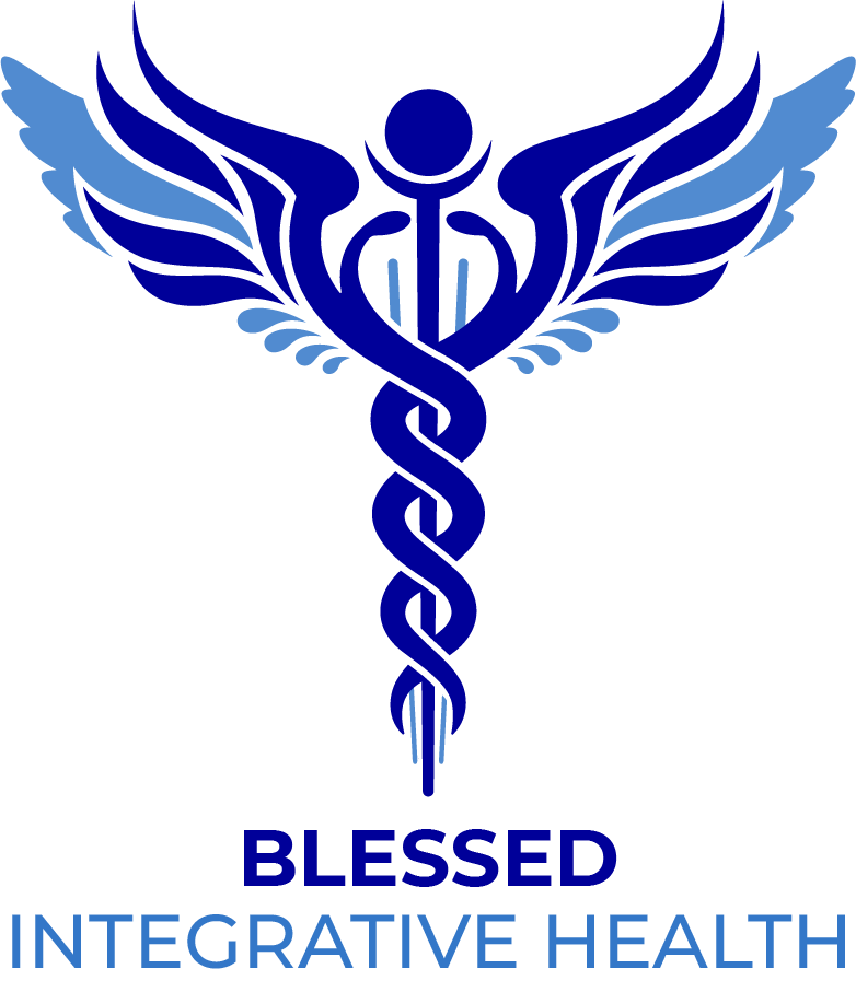 This is the Blessed Integrative Health logo in varying shades of white and blue featuring a winged caduceus and acupuncture needles vertically aligned parallel to the center