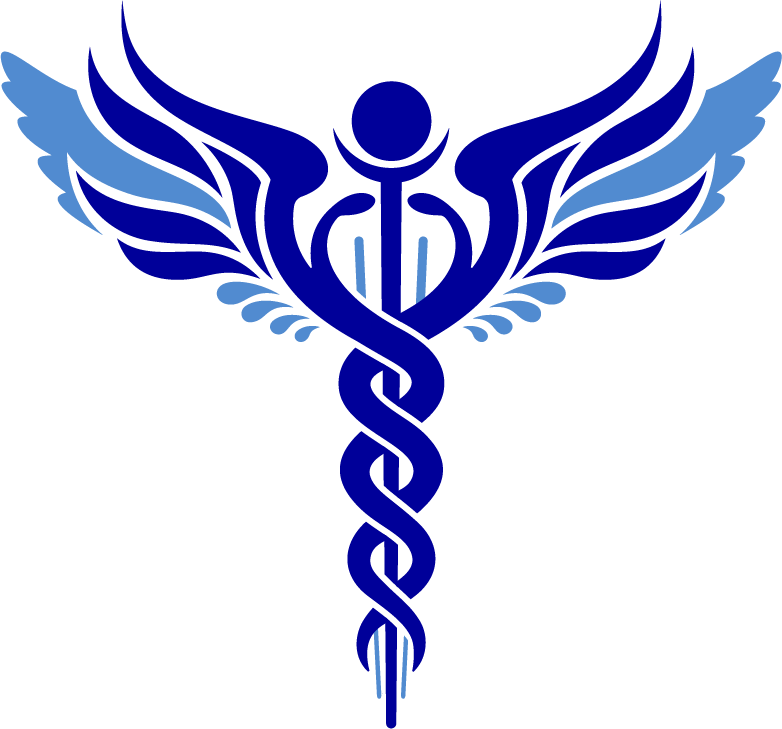 This is the Blessed Integrative Health logo graphic. It represents a winged caduceus with two acupuncture needles in various hues of blue on a white background. The wings of the caduceus expand outward.