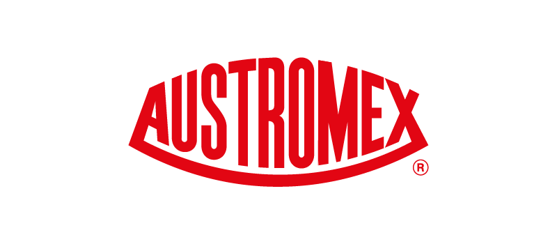 Logotipo de Austromex en negro y rojo sobre fondo blanco.