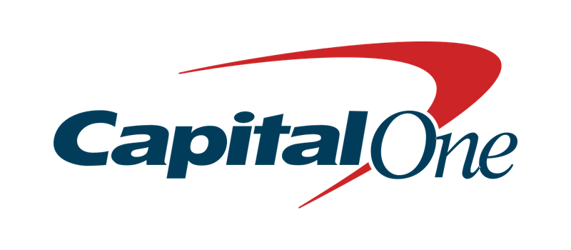 Logotipo de Capital One, con letras azules y un trazo rojo en forma de arco.