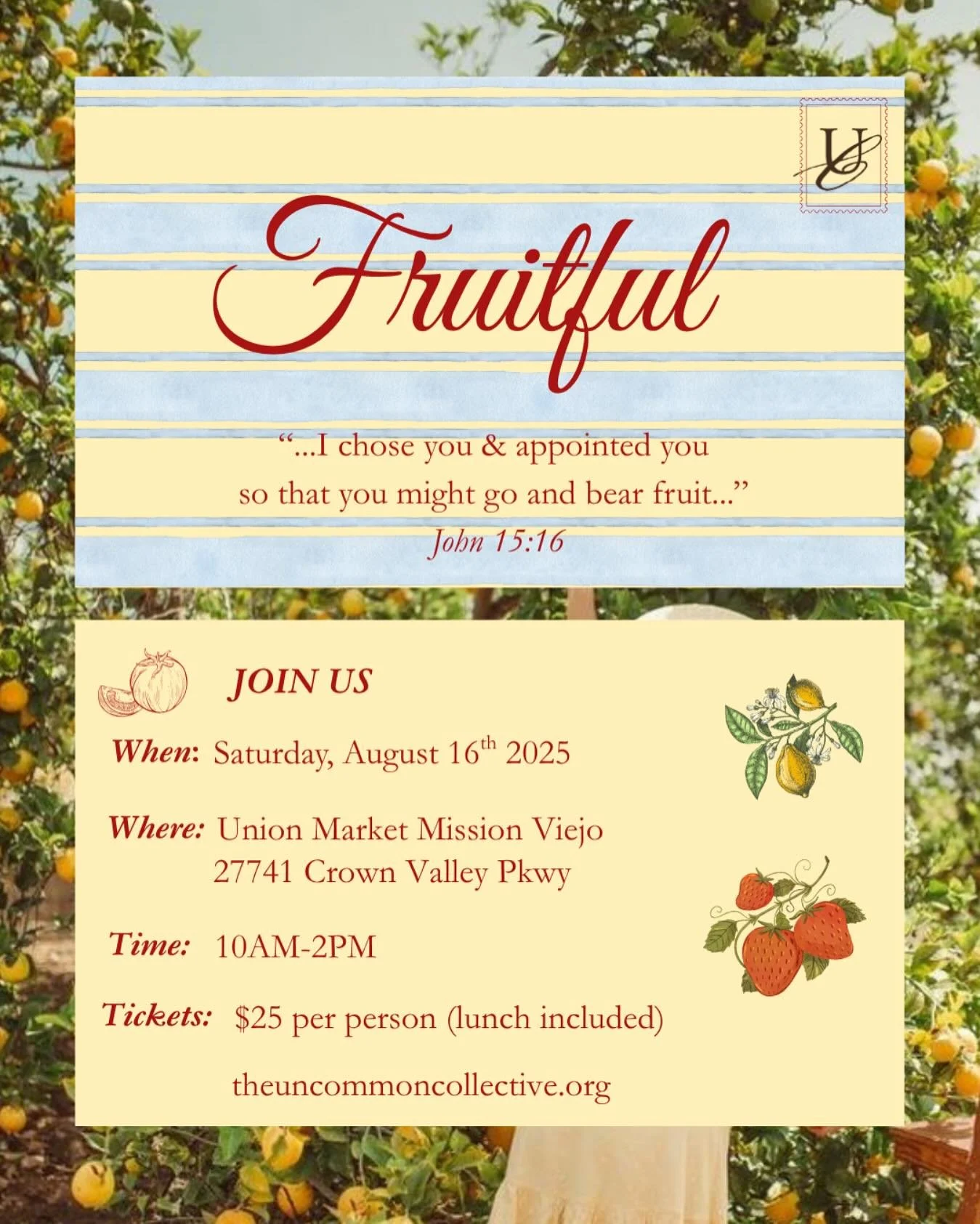 ‼️TICKETS ON SALE ‼️LINK IN BIO

We&rsquo;re collaborating to curate a women&rsquo;s gathering on Saturday, August 16th!

&ldquo;Fruitful&rdquo; is the theme!🍓🍋🍑🍒

Our anchor verse for the event is taken from John 15:16 &ldquo;&hellip; I chose yo