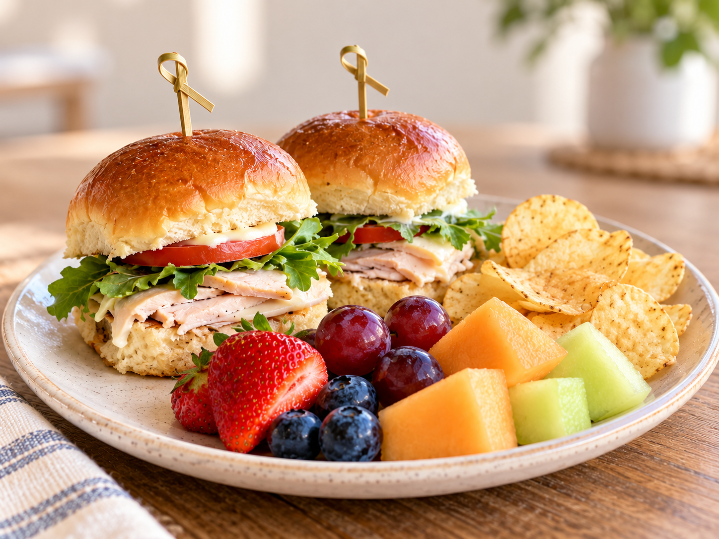 A lunch plate with small sandwiches, fruit and chips