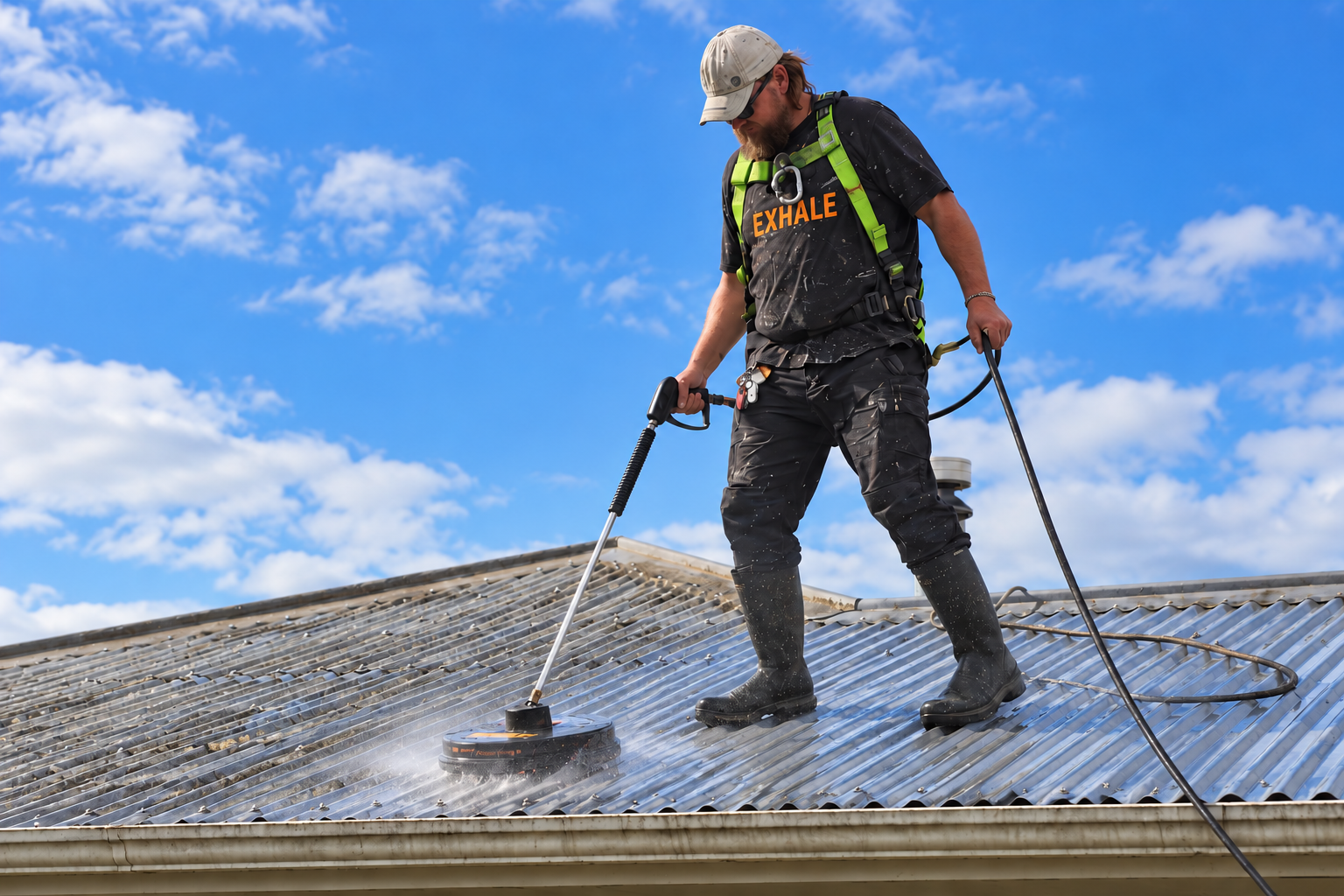 AI-assisted illustration of roof cleaning with EXHALE workwear