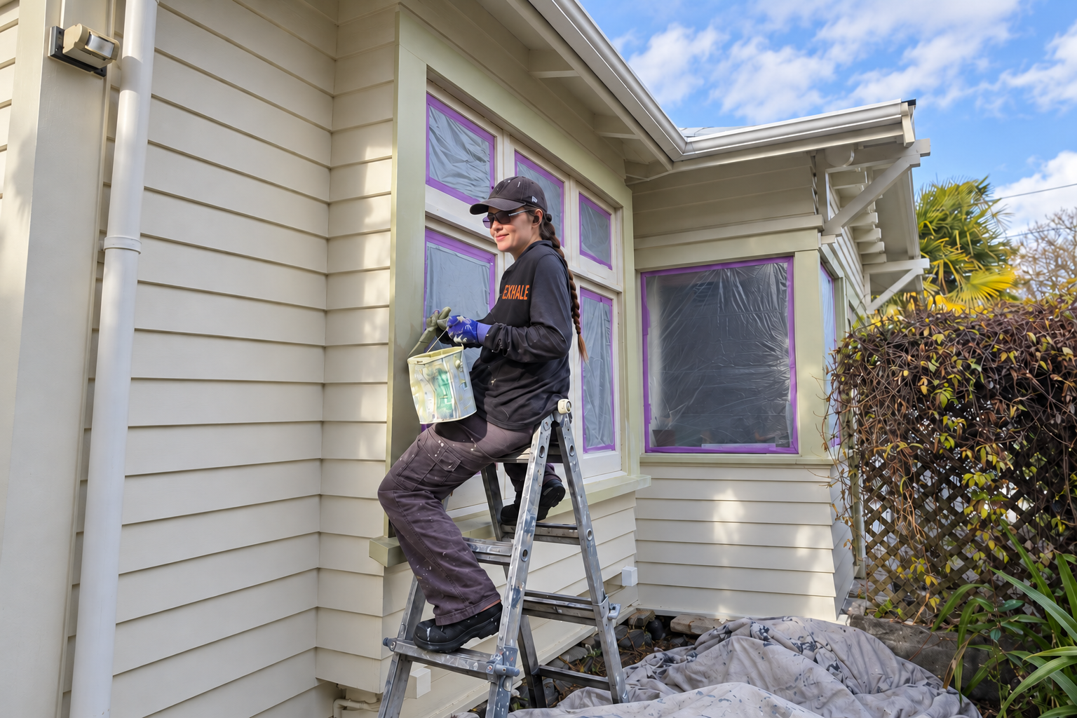 AI-assisted illustration of exterior painting beside a protected window