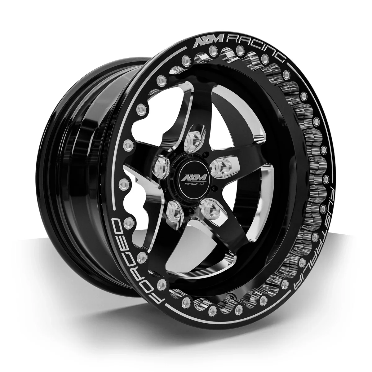 AXM Racing AXR-02 Type A forged rear drag wheel in black with machined accents — three-quarter view