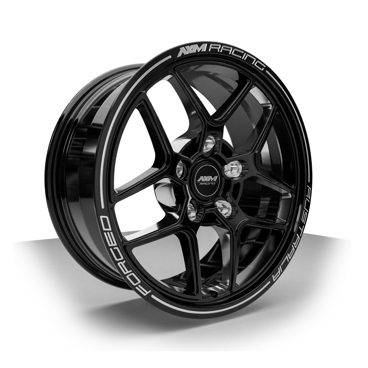 AXM Racing AXR-03 Front Runner billet front wheel in gloss black — three-quarter view