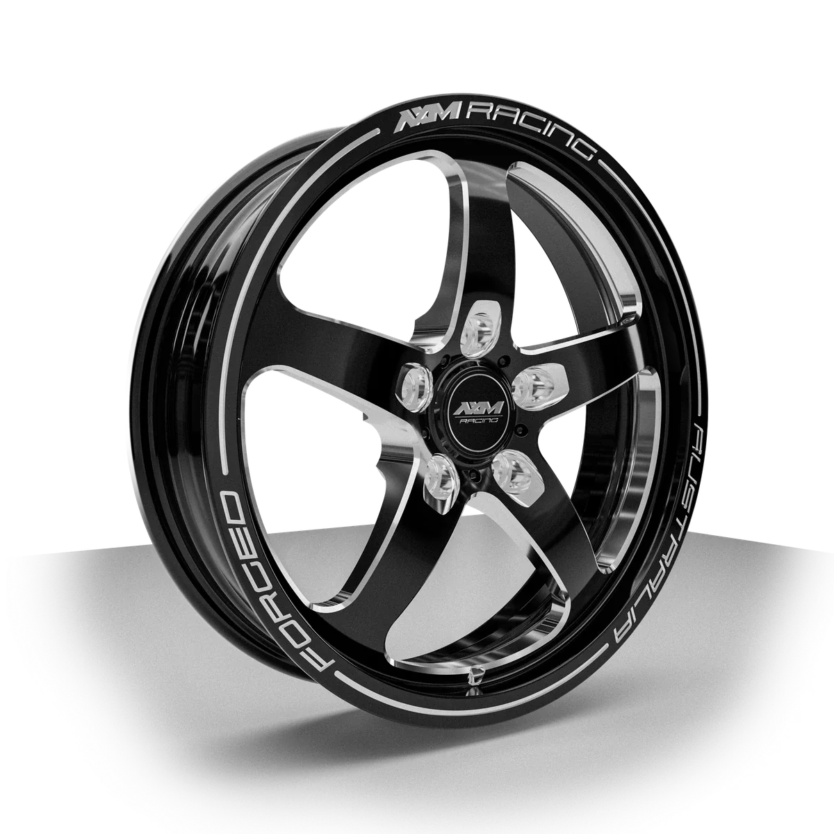 AXM Racing AXR-02 Front Runner billet front wheel in black with machined accents — three-quarter view