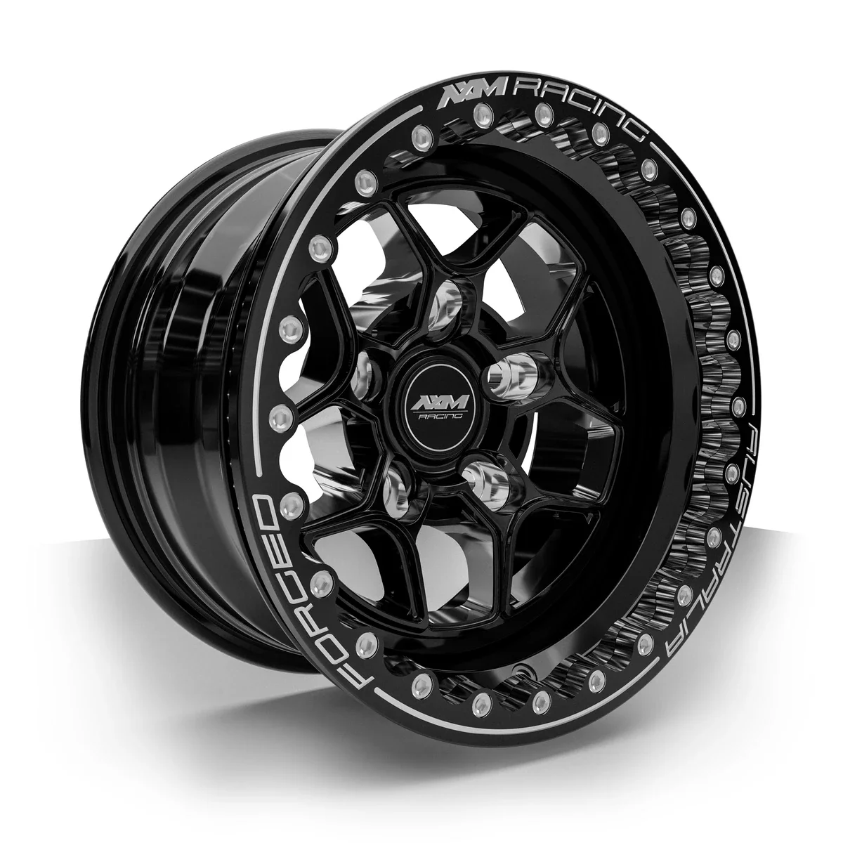 AXM Racing AXR-03 Type A forged rear drag wheel in gloss black — three-quarter view