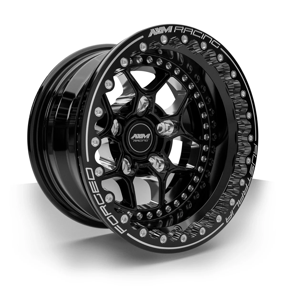 AXM Racing AXR-03 Type B forged rear drag wheel in gloss black — three-quarter view