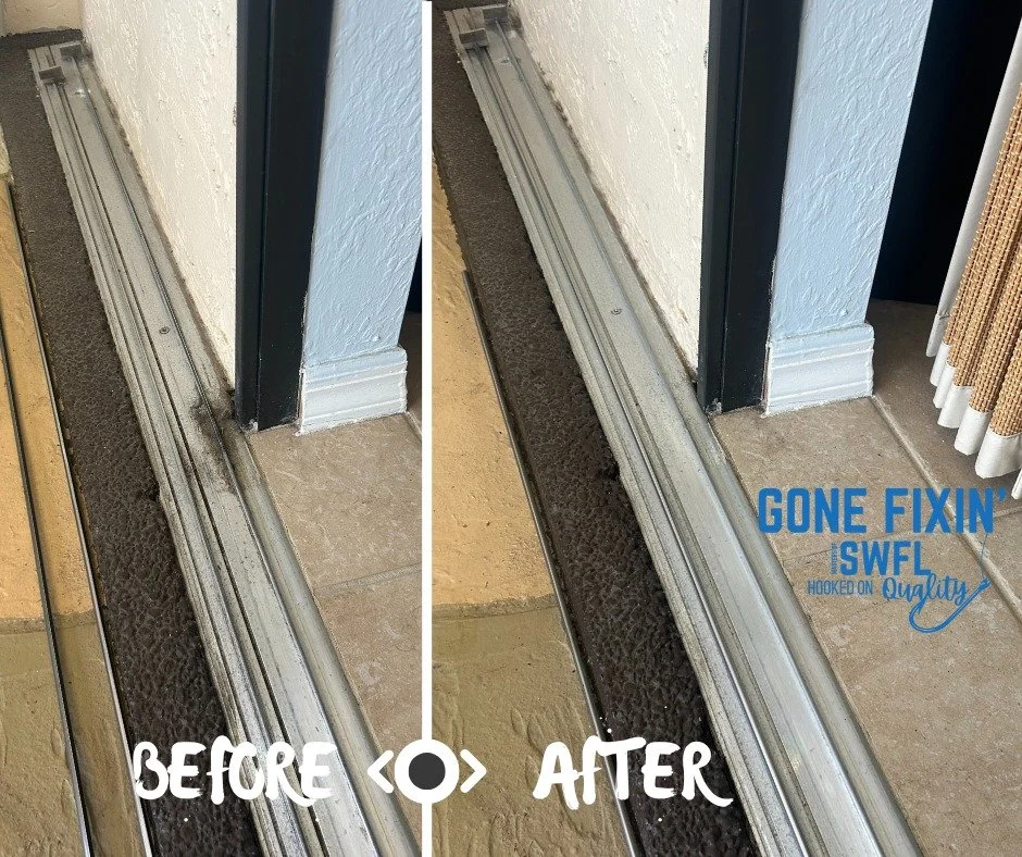 Before ➡️ After 
Dirty, damaged slider tracks don&rsquo;t stand a chance. 💪
We cleared the debris, restored the rail, and upgraded it with a stainless steel rail cap so this door glides smoother than ever. ✨
📲 239-710-8839