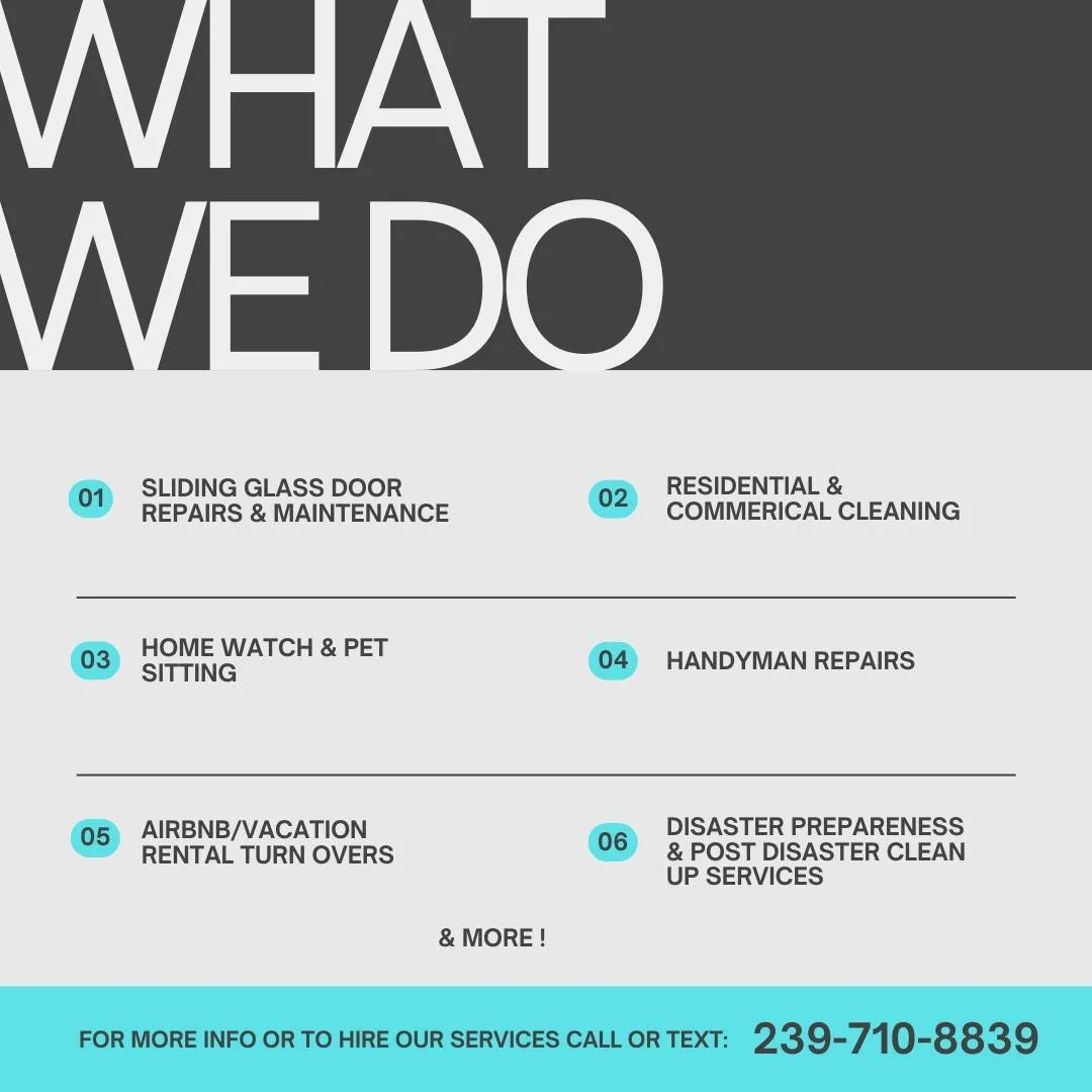A little bit of everything.
A whole lot of done. 🔧✔️
Don&rsquo;t see what you&rsquo;re looking for?
Feel free to reach out&mdash;we&rsquo;re happy to help.
Contact us today 📲 239-710-8839
 #GoneFixinSWFL #HandymanLife #SlidingGlassDoorRepairs #Clea