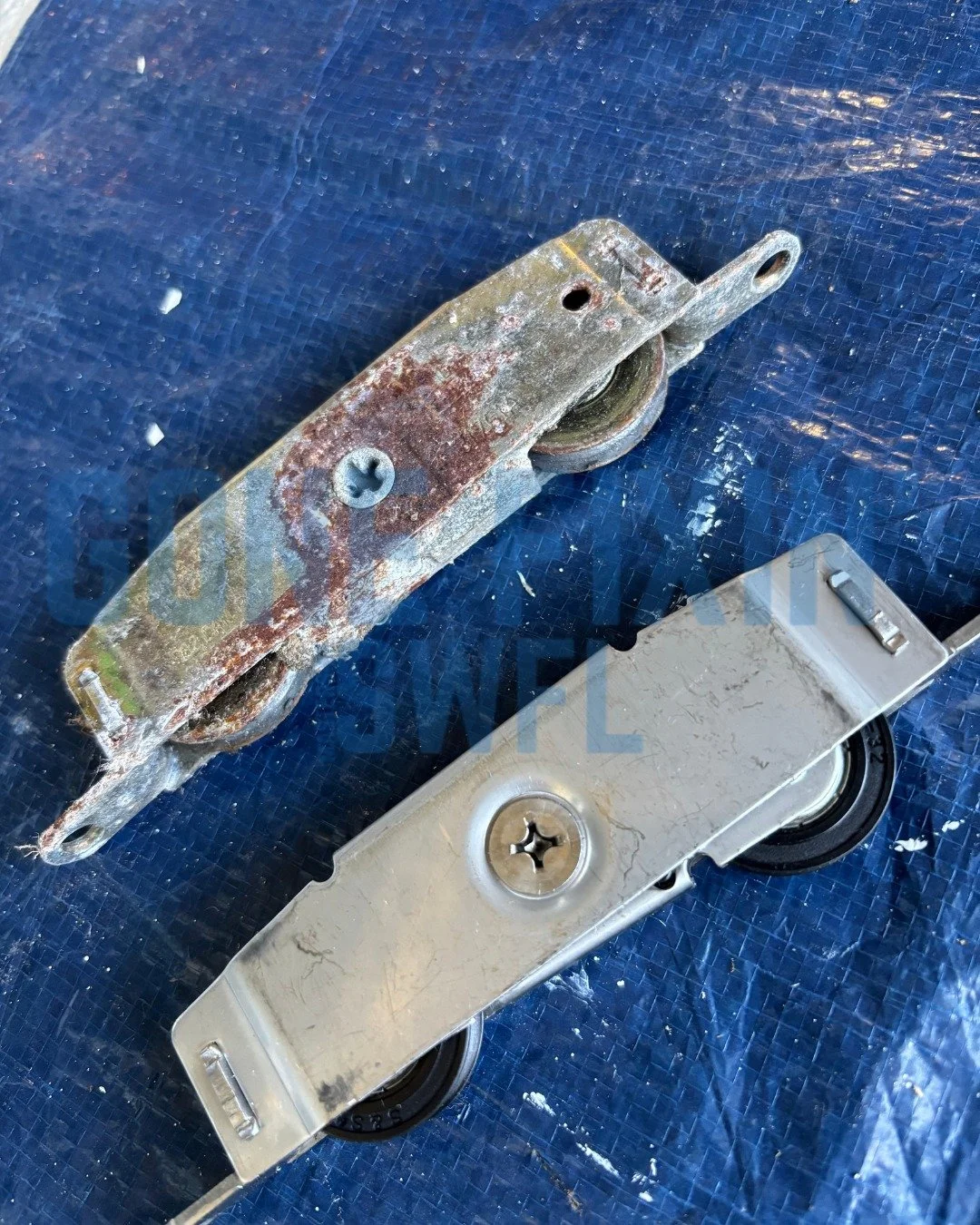 Worn, rusted rollers can damage your door and track. Replacing them protects your slider and extends its life. Don't let damaged rollers ruin your sliders - contact us today 📲 239-710-8839
 #GoneFixinSWFL #HandymanLife #SlidingGlassDoorRepairs #Clea